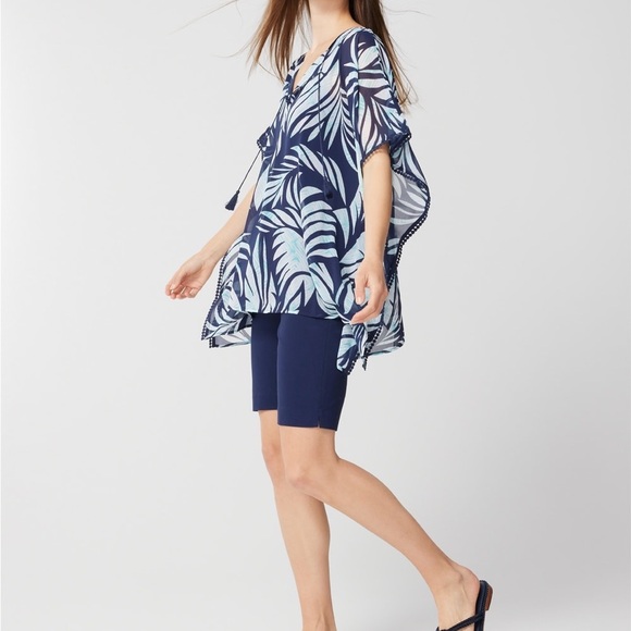 Chico's Tops - Chico’s Tribal Tropics Mayan Tassel-Tie Poncho Blouse In Midnight Blue S/M